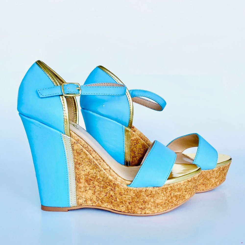 **SOLD** Qupid Gold and Light Blue Wedge with cork slide